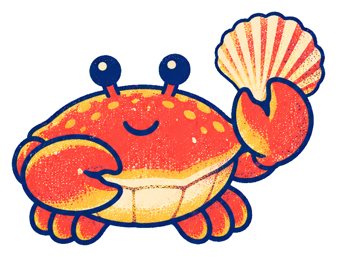 Cute orange crab holding up a seashell with a transparent background