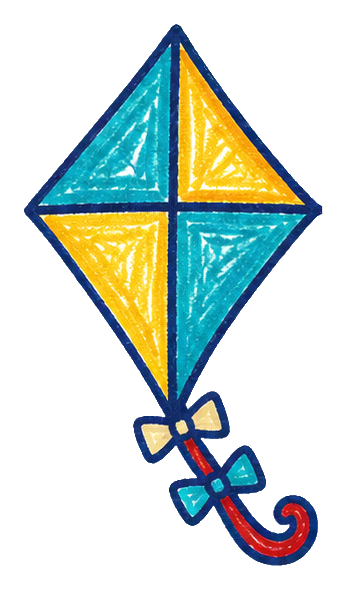 Crayon-style kite with blue and yellow panels and a curled tail