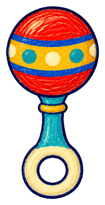 Colorful toy rattle with red, blue, yellow, and cream accents