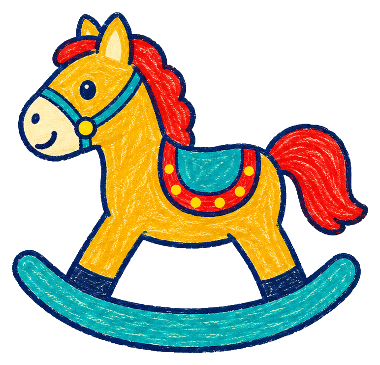 Colorful crayon-style rocking horse sticker with a blue base and red mane and tail