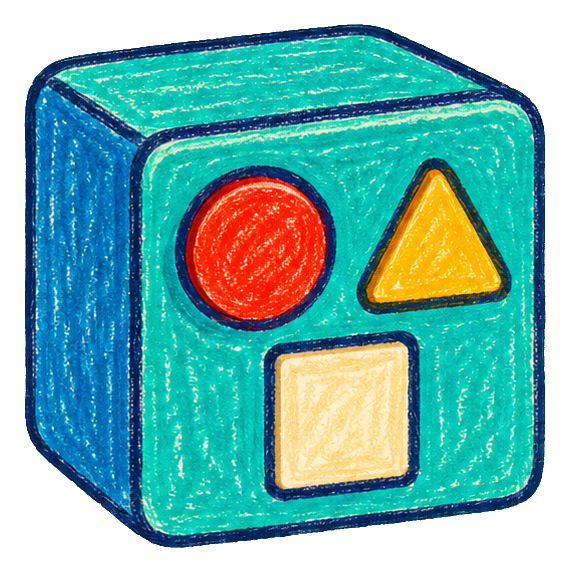Crayon-style shape sorter toy cube with circle, triangle, and square cutouts
