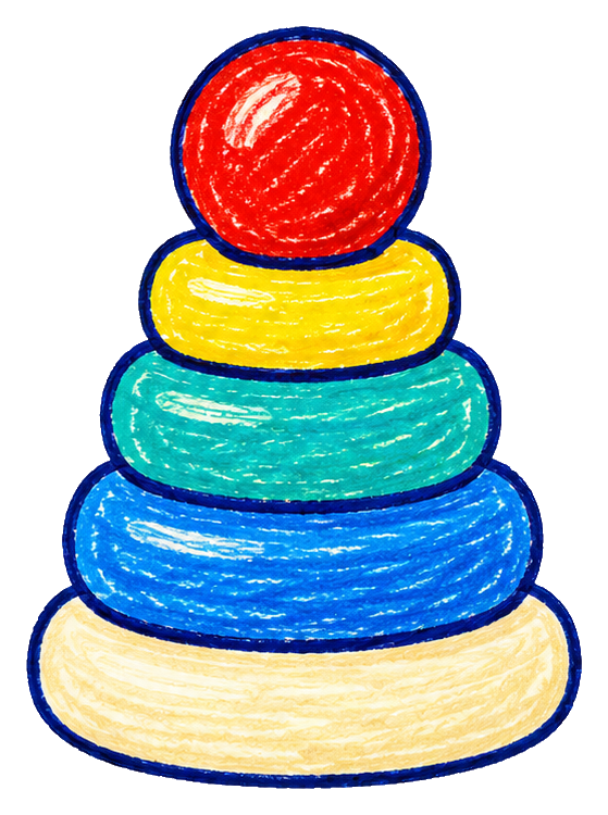 Crayon-style illustration of stacked toy rings in red, yellow, teal, blue, and cream.