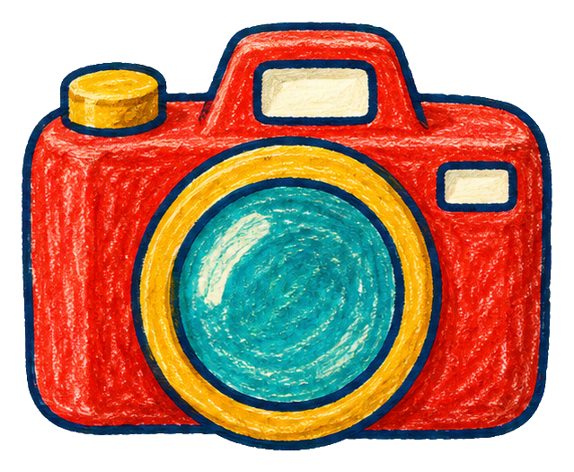 Crayon-style red toy camera with a blue lens and yellow accents.