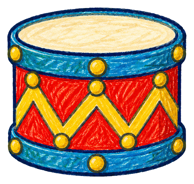 Crayon drawing of a colorful toy drum with red, blue, and yellow details.