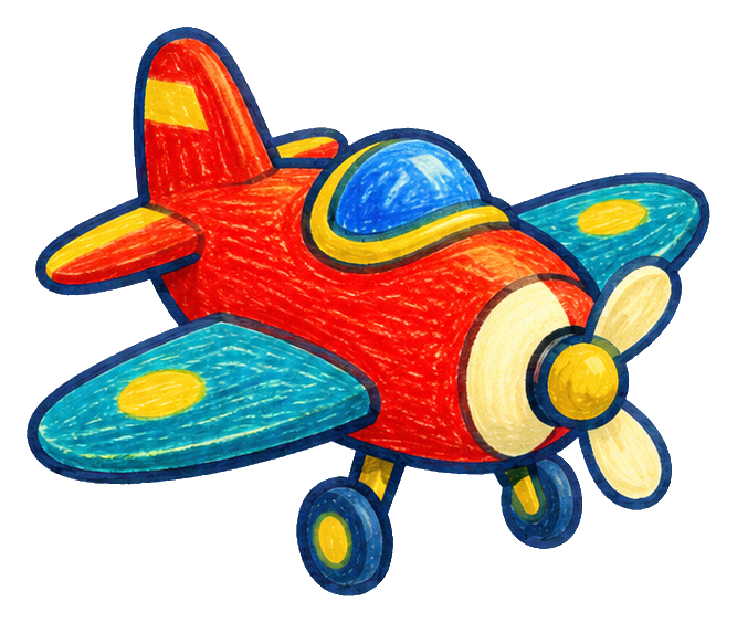 Colorful crayon-style toy plane with blue wings, red body, and yellow accents