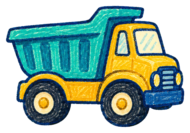 Crayon-style toy dump truck with yellow cab and teal cargo bed