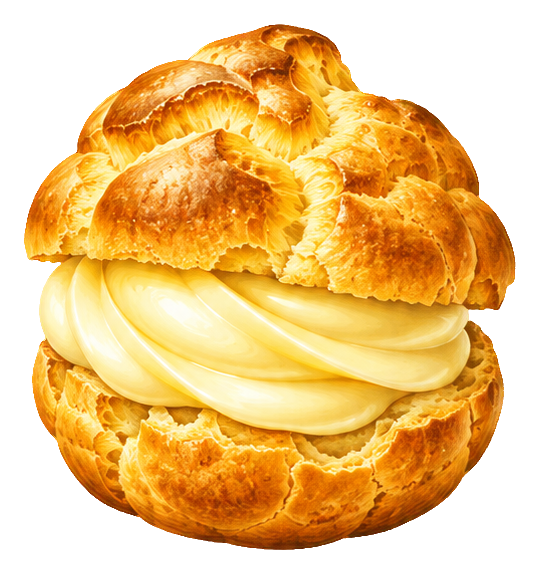 Airbrush-style cream puff dessert sticker with golden pastry and cream filling