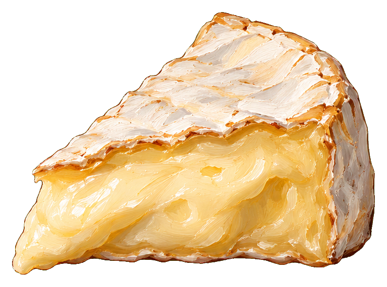 A creamy wedge of brie cheese with a white rind and soft yellow interior