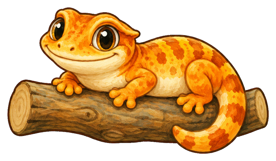 Orange crested gecko sitting on a log sticker graphic