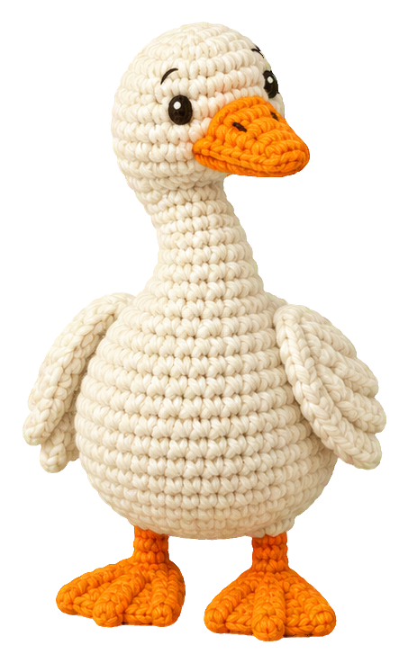 Crochet-style goose sticker with cream yarn texture and orange beak and feet.