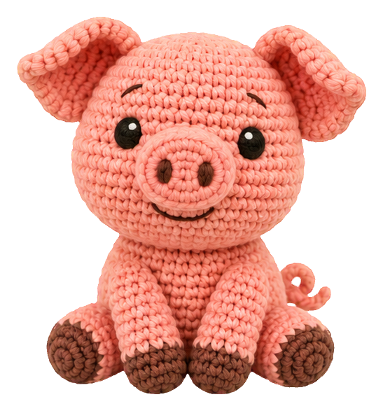 Cute crocheted pig sitting front-facing with pink yarn and brown hooves.