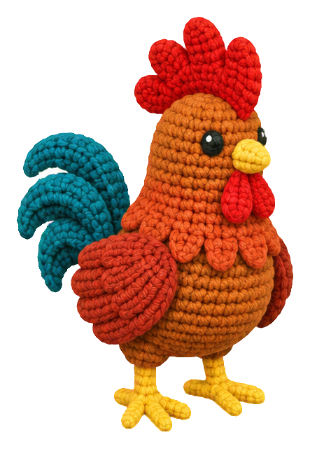 Crochet-style rooster sticker with red comb, yellow beak, and blue tail feathers.