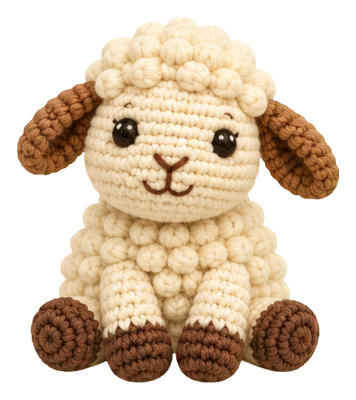 Crochet-style sheep with cream body, brown ears and feet, sitting front view.