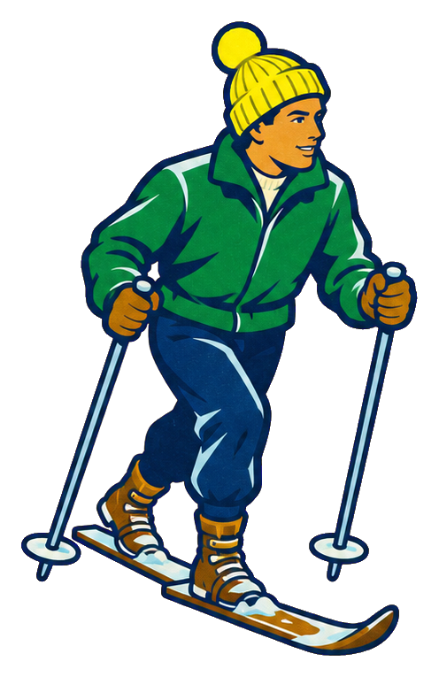 Illustrated cross country skier wearing a yellow hat and green jacket on skis with poles.