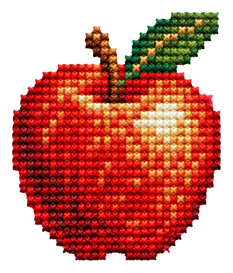Red cross stitch apple with a green leaf and stem.