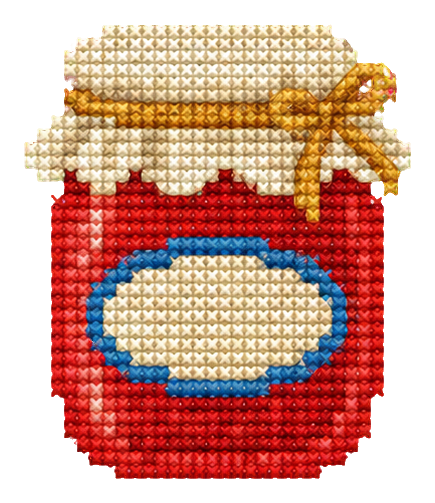 Cross stitch style jam jar with a red body, cream lid, and oval label.