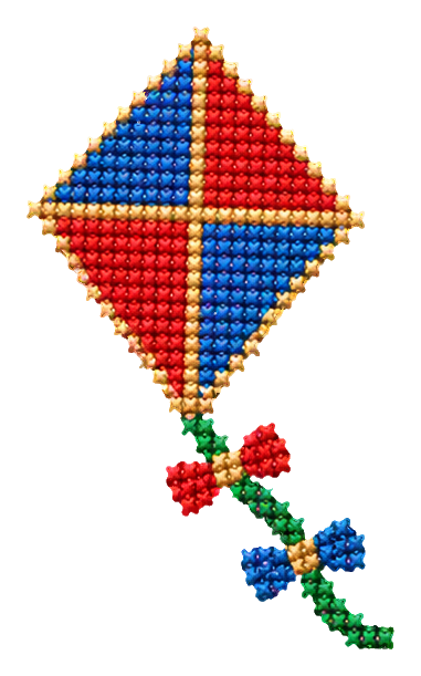 Diamond kite made of colorful cross stitch with a small tail and bows
