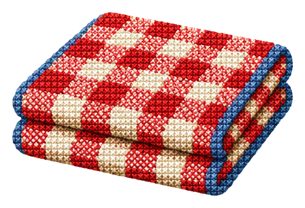 Folded red and white checkered blanket with a cross stitch look