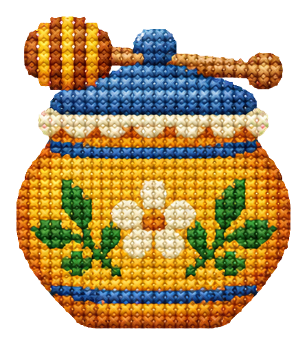 Cross stitch style honey pot with a lid and wooden dipper, decorated with flowers.