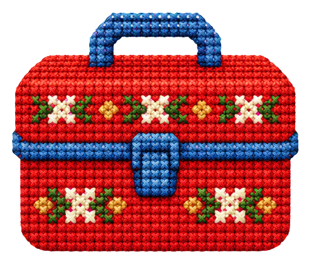 Red cross stitch lunch box with blue handle and floral trim.