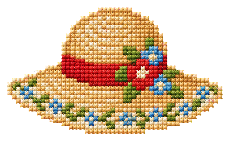 Cross stitch picnic sun hat with flowers and a red ribbon.