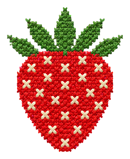 Red cross stitch strawberry with green leaves and cream-colored stitches.