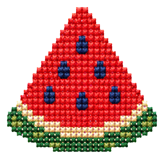 Cross stitch style watermelon slice sticker with red flesh and green rind