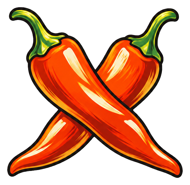 Two orange chili peppers crossed in an X shape with green stems.