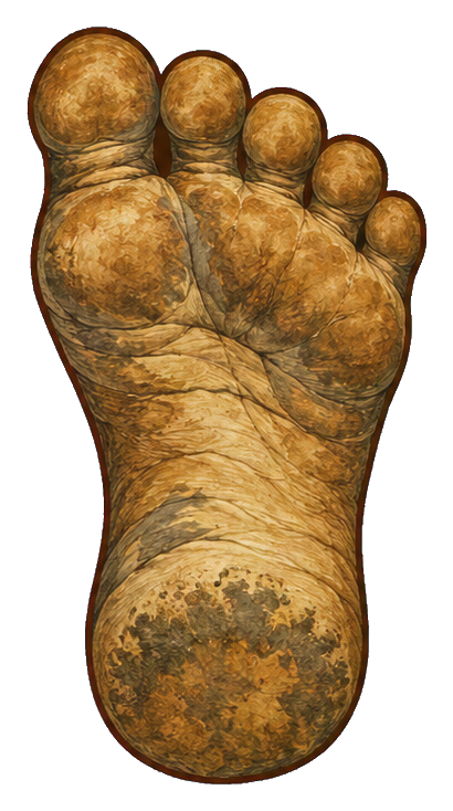 A weathered brown Bigfoot footprint with visible toe pads and heel mark
