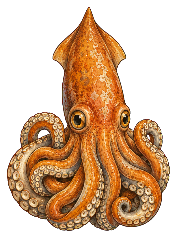 Orange kraken with curling tentacles and large eyes