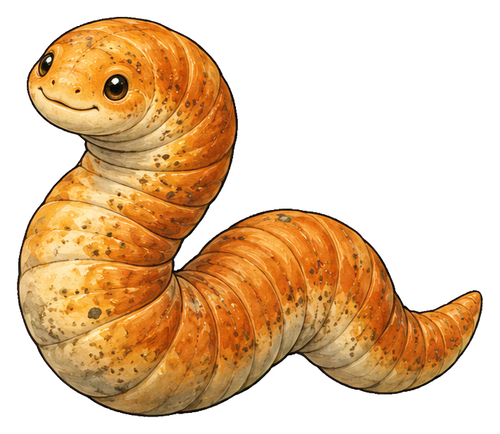 Orange cartoon Mongolian death worm with a curled body and friendly face