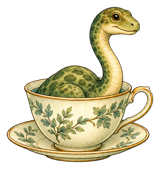 Cute Nessie-style monster rising from a floral teacup and saucer.