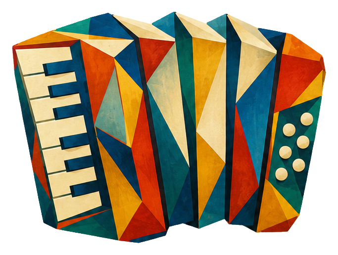 Cubist accordion with geometric orange, blue, and cream shapes.