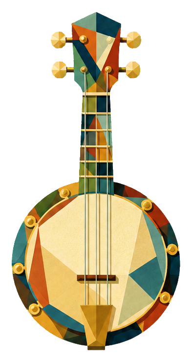 Cubist-style banjo with geometric shapes and warm gold tones