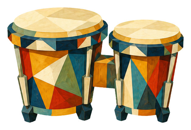 Two cubist-style bongo drums with colorful geometric panels and dark stands