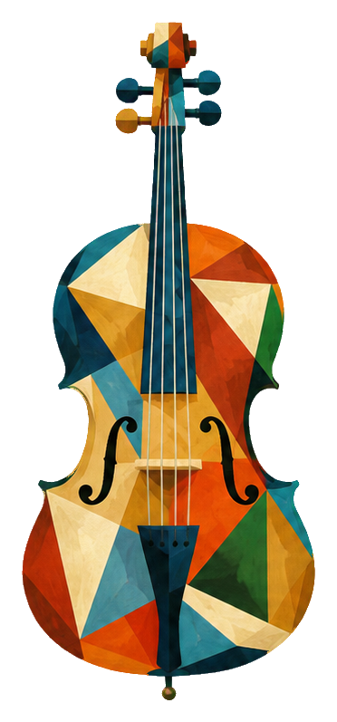 Cubist-style cello made of colorful geometric shapes and dark strings