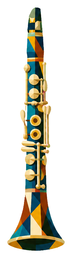A tall cubist-style clarinet with geometric blue, gold, and orange shapes.