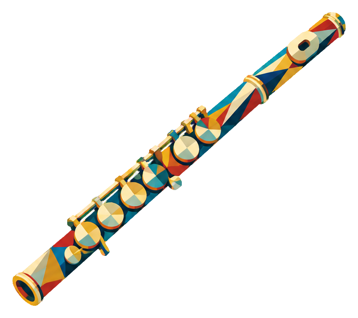 Colorful cubist-style flute with geometric shapes and gold accents on a transparent background.