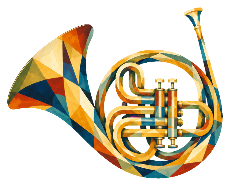 Cubist-style French horn with angular orange, blue, and yellow geometric shapes.