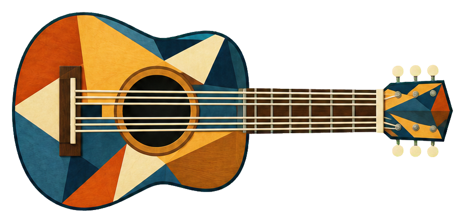 Cubist-style guitar illustration with geometric shapes and a transparent background