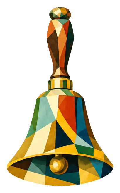 Geometric cubist handbell illustrated in yellow, blue, teal, and orange shapes
