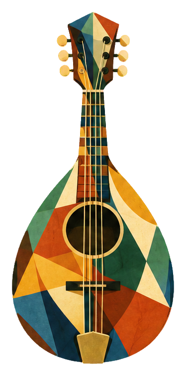 Colorful cubist-style mandolin with geometric shapes and a long neck