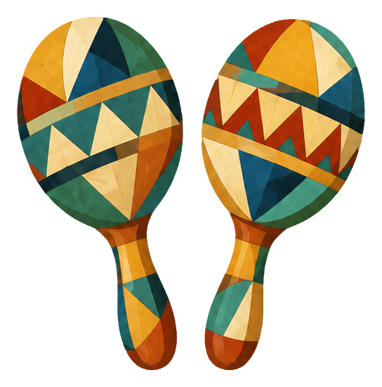 Two cubist-style maracas with geometric multicolor patterns and wooden handles.
