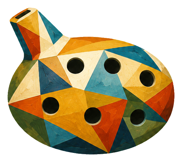 Cubist geometric ocarina with faceted orange, blue, and beige shapes and black finger holes.