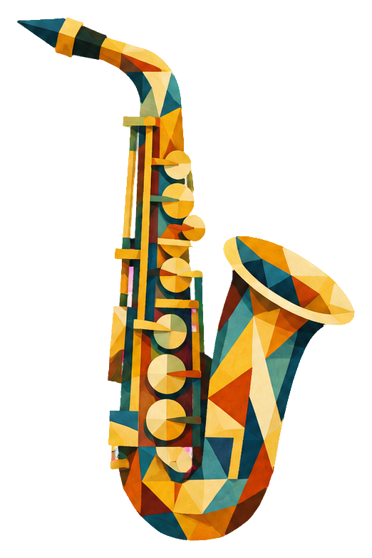 Cubist-style saxophone graphic with angular orange, yellow, and black geometric shapes.