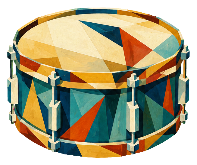Cubist-style snare drum with geometric orange, blue, cream, and gold shapes