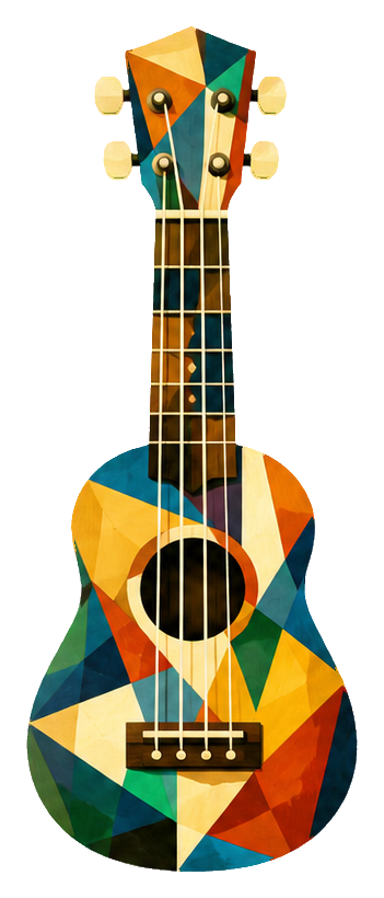 Colorful cubist-style ukulele with geometric shapes and strings