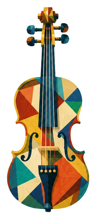Colorful cubist-style violin sticker with geometric shapes and dark strings