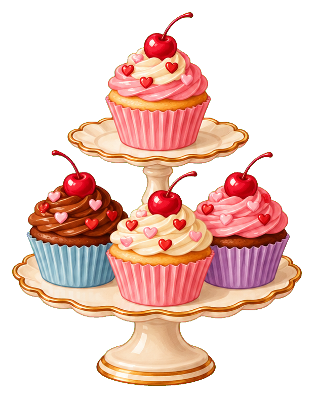 Tiered cake stand topped with colorful frosted cupcakes and cherries