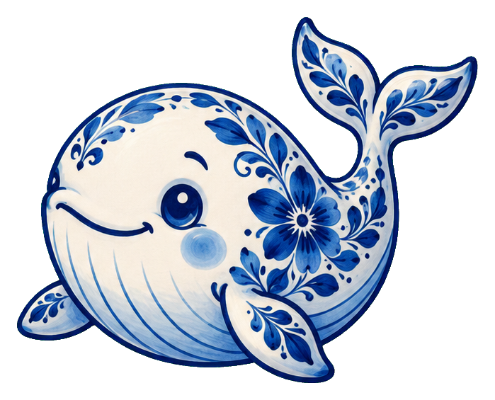 Cute blue and white baby whale sticker with floral delft-style details